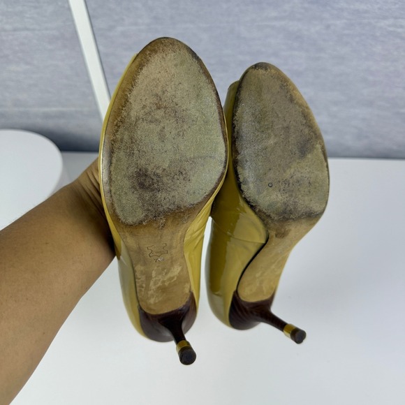 Tory Burch Womens Pumps Heels Yellow Peep Toe Patent Leather Stiletto Shoes 7M - Picture 14 of 14